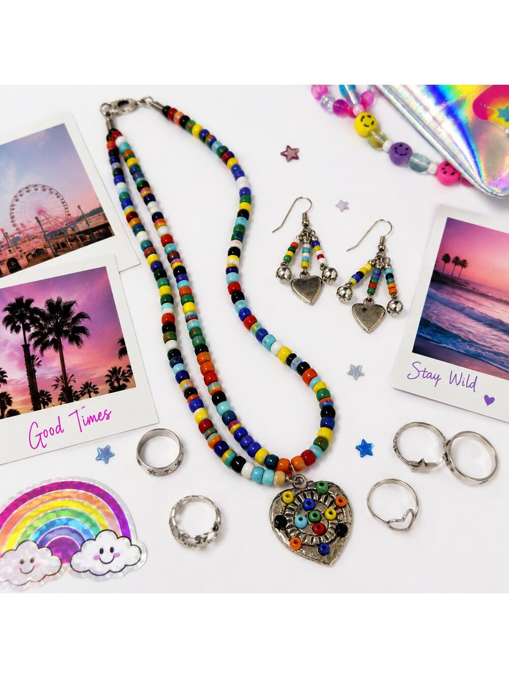 Handmade Colorful Seed Bead Heart Necklace & Earring Set Boho Y2K